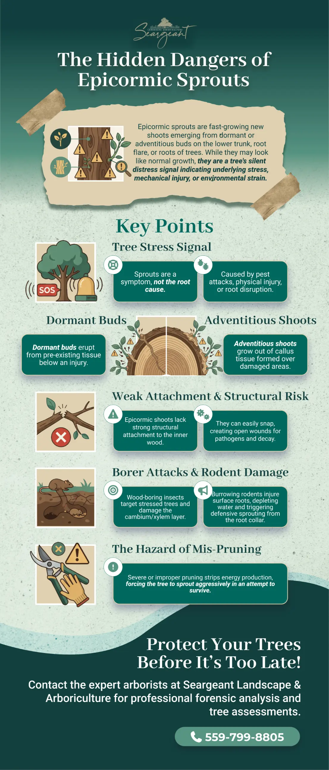 Infographic: the hidden dangers of epicormic sprouts, a tree's distress signal for stress, injury, pests and mis-pruning